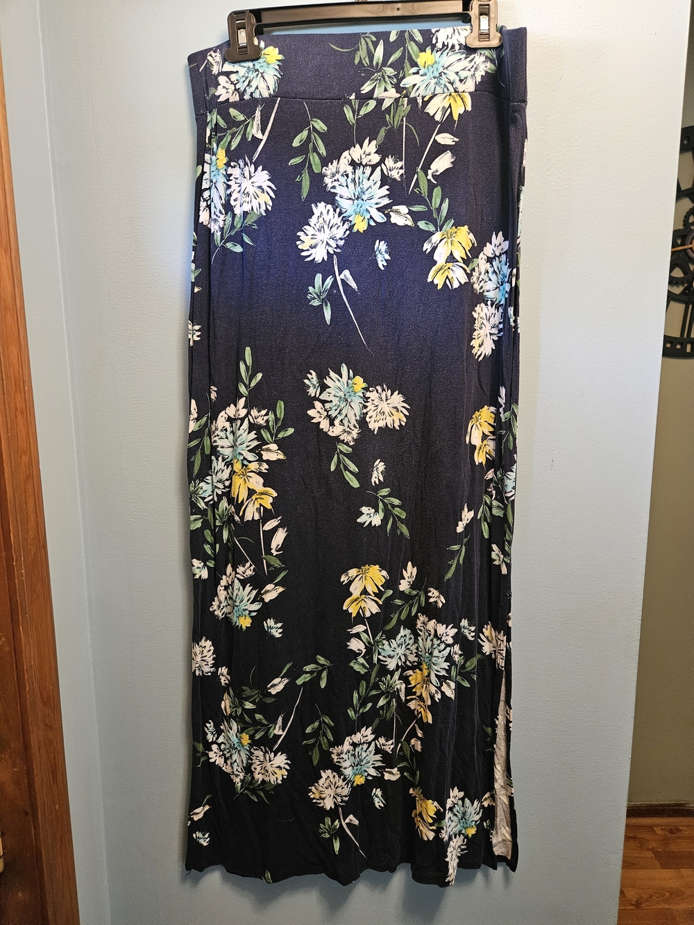 a.n.a Navy Floral Maxi Skirt with White, Yellow & Green Accents